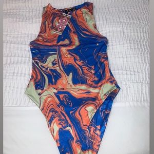 Double Layer Marble Racer Neck Bodysuit